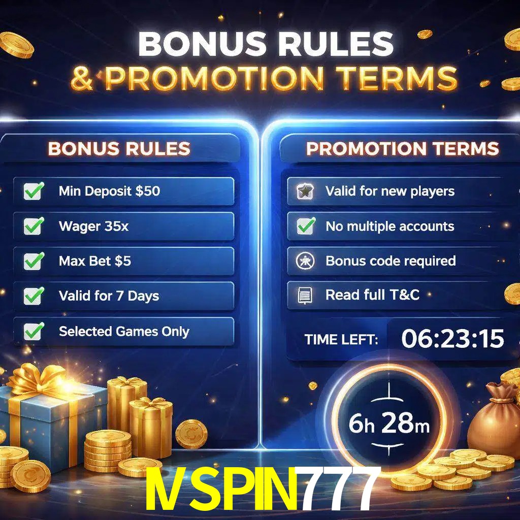 Reglas de promoción IVSPIN777 y condiciones de bonos explicadas visualmente