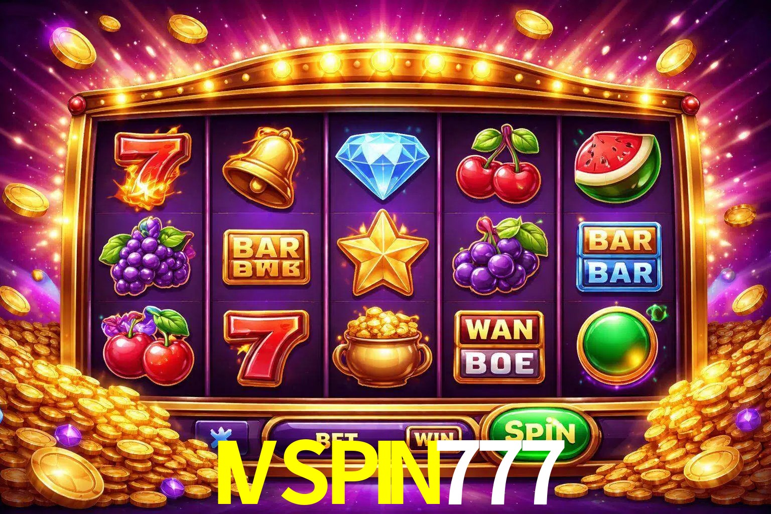 Una interfaz colorida de tragamonedas en línea con símbolos brillantes, monedas y un efecto de victoria celebratoria en IVSPIN777.